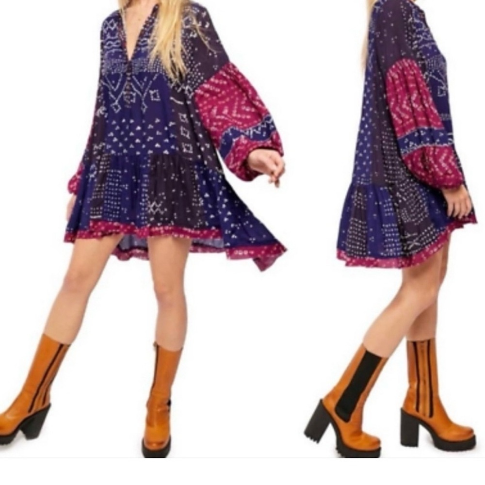 Free People Shibori Tunic Mini Dress Women's Size XS/TP Boho Print Oversized Fit